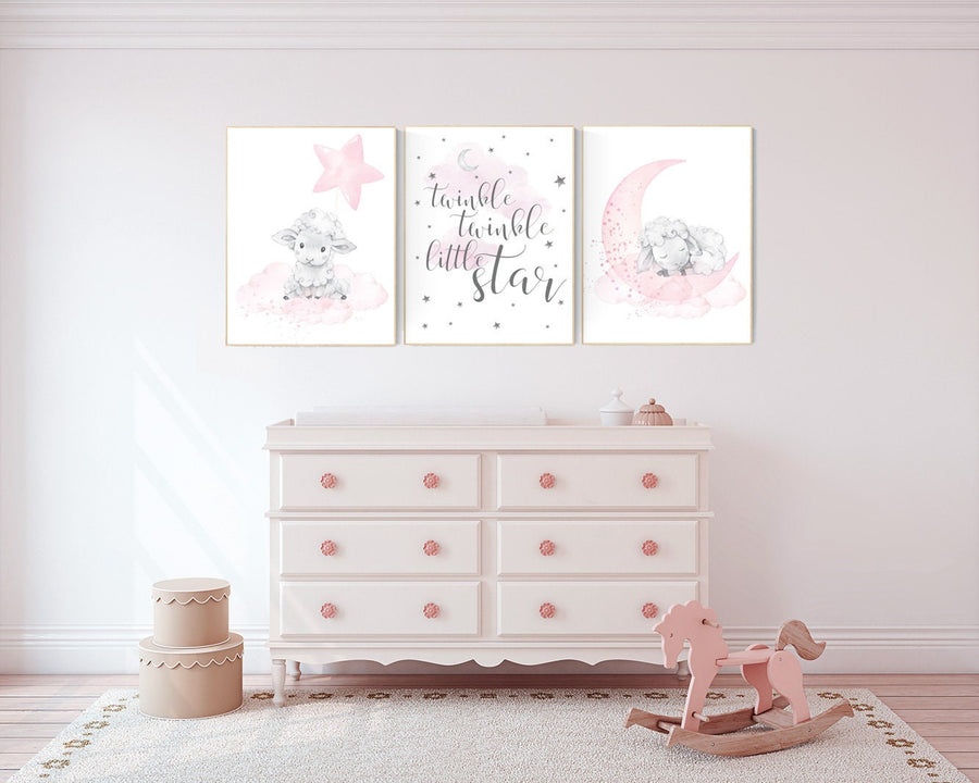 Nursery decor girl, Sheep nursery decor, nursery decor lambs, nursery wall art sheep, moon and cloud wall art nursery, girl nursery decor