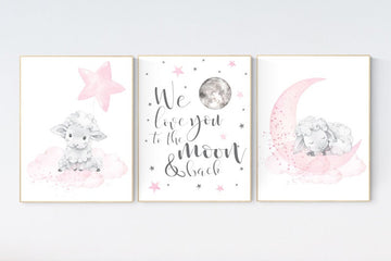 Nursery decor girl, Sheep nursery decor, nursery decor lambs, we love you to the moon and back, nursery wall art sheep, moon and cloud