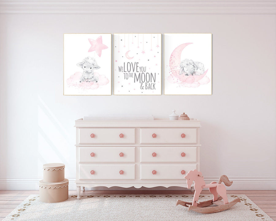 We love you to the moon and back, Nursery decor girl, Sheep nursery decor, nursery decor lambs, , nursery wall art sheep, moon and cloud