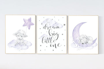 Nursery decor girl purple, nursery decor girl, nursery decor lambs, Sheep nursery decor, nursery wall art sheep, lavender and gray, lilac