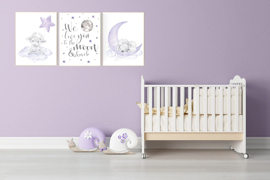 Nursery decor girl purple, nursery decor girl, nursery decor lambs, Sheep nursery decor, nursery wall art sheep, lavender and gray, lilac