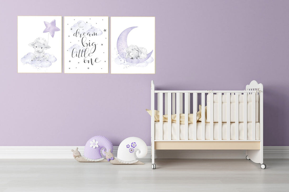 Nursery decor girl purple, nursery decor girl, nursery decor lambs, Sheep nursery decor, nursery wall art sheep, lavender and gray, lilac