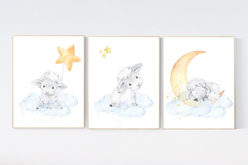 Nursery decor lambs, Sheep nursery decor, nursery wall art sheep, nursery decor neutral, , cloud and stars, moon and stars, gender neutral