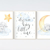 Nursery decor lambs, Sheep nursery decor, blue yellow nursery, nursery decor neutral, cloud and stars, dream big little one, gender neutral