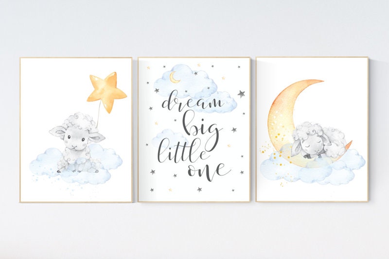 Nursery decor lambs, Sheep nursery decor, blue yellow nursery, nursery decor neutral, cloud and stars, dream big little one, gender neutral