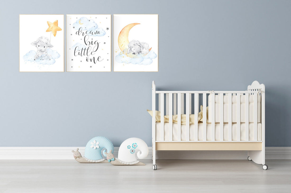 Nursery decor lambs, Sheep nursery decor, blue yellow nursery, nursery decor neutral, cloud and stars, dream big little one, gender neutral