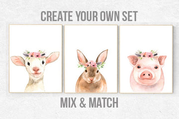 Nursery decor animals,  farm animals, nursery prints woodland, animal flower crown, nursery prints animals, animal prints, nursery wall art