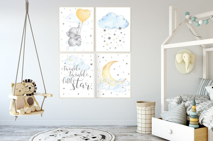 Nursery wall art elephant, nursery decor neutral, twinkle twinkle little star, nursery gender neutral, cloud and stars, baby room decor