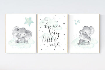 Elephant nursery art, elephant nursery print, mint nursery decor, cloud and stars nursery, baby room , gender neutral, aqua, moon and stars