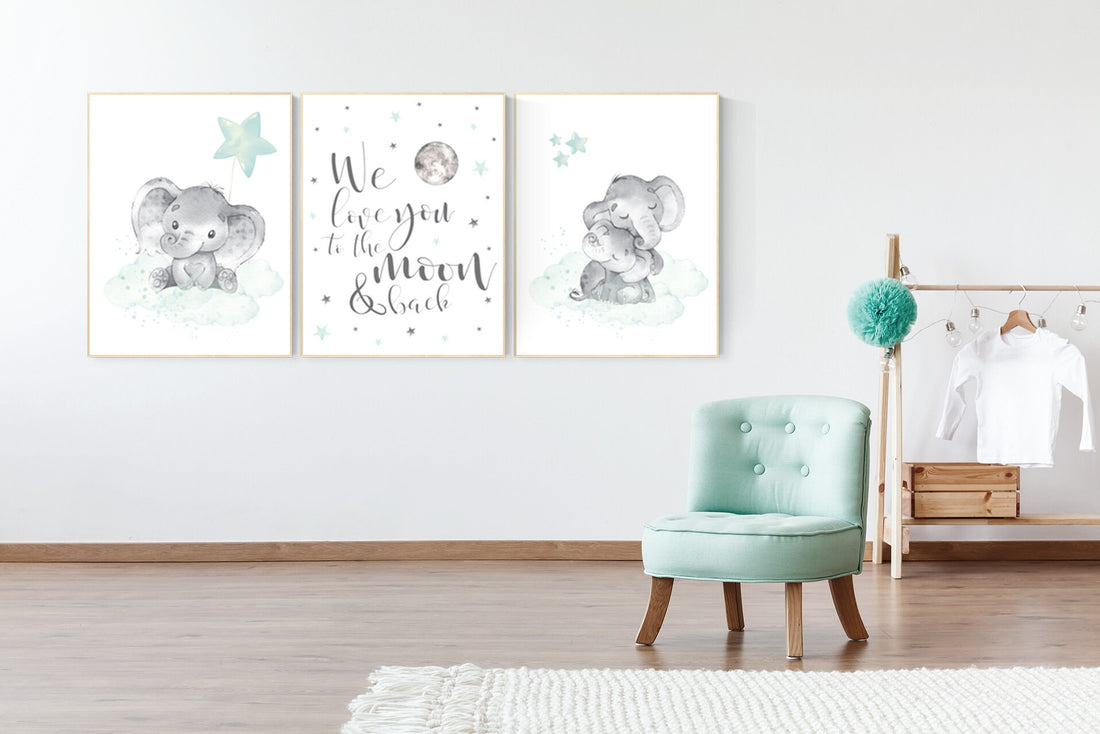 Elephant nursery art, elephant nursery print, mint nursery decor, we love you to the moon and back, gender neutral, aqua, moon and stars