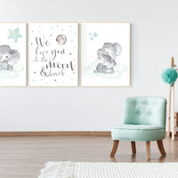 Elephant nursery art, elephant nursery print, mint nursery decor, we love you to the moon and back, gender neutral, aqua, moon and stars