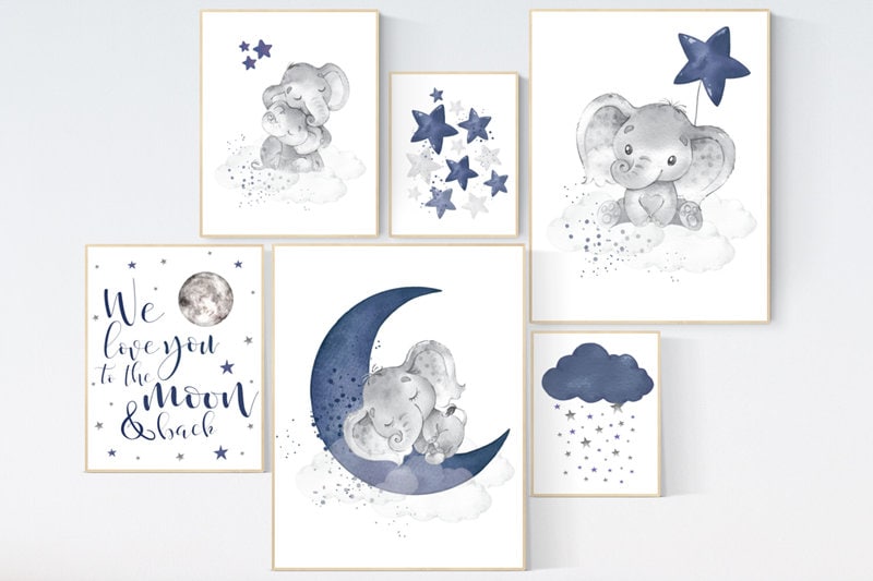 Nursery decor boy elephant, nursery wall art boy, navy Blue, moon and stars, navy nursery, boy nursery decor, elephant nursery art, star