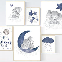 Nursery decor boy elephant, nursery wall art boy, navy Blue, moon and stars, navy nursery, boy nursery decor, elephant nursery art, star