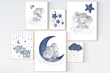 Nursery decor boy elephant, navy blue nursery wall art, cloud, stars, navy nursery, boy nursery wall art, we love you to the moon and back