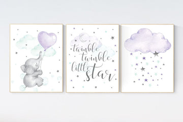 Nursery decor girl elephant, Nursery decor girl purple, twinkle twinkle little star, moon and stars, purple mint, girl nursery wall art
