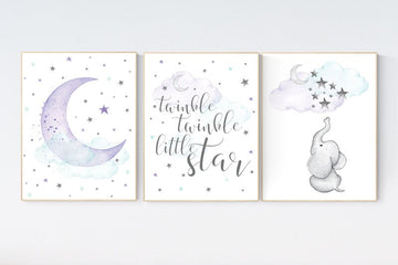 Nursery decor girl purple, Nursery decor girl elephant, twinkle twinkle little star, moon and stars, purple mint, girl nursery wall art