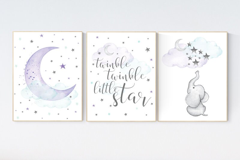 Nursery decor girl purple, Nursery decor girl elephant, twinkle twinkle little star, moon and stars, purple mint, girl nursery wall art