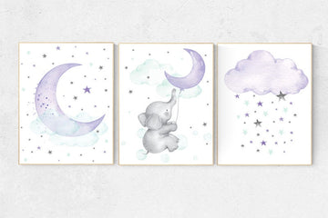 Moon and stars nursery, Nursery decor girl elephant, Nursery decor girl purple, elephant nursery, girl nursery wall art, lilac, turquoise