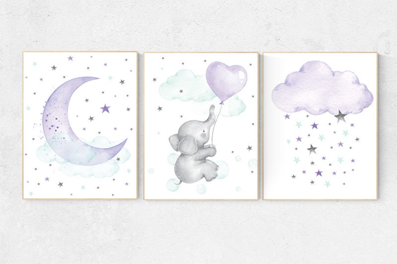 Moon and stars nursery, Nursery decor girl purple, Nursery decor girl elephant, elephant nursery, girl nursery wall art, lilac, turquoise