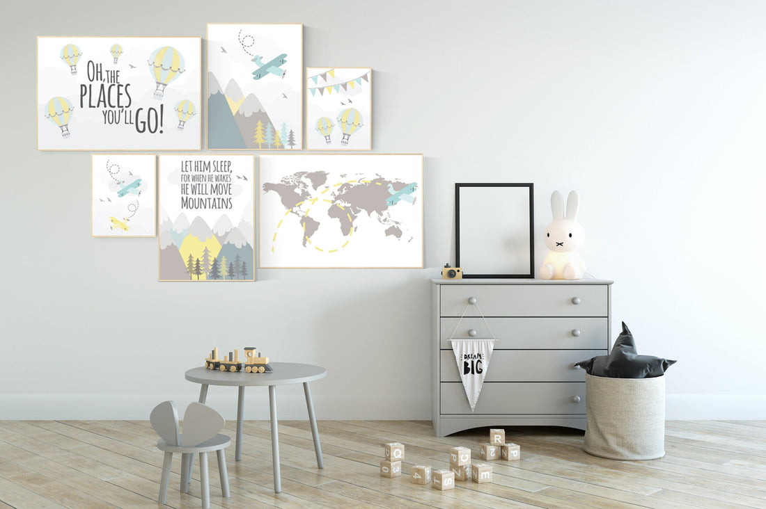 Nursery decor boy mountains adventure, let him sleep for when he wakes he will move mountains, nursery decor boy airplane, world map nursery
