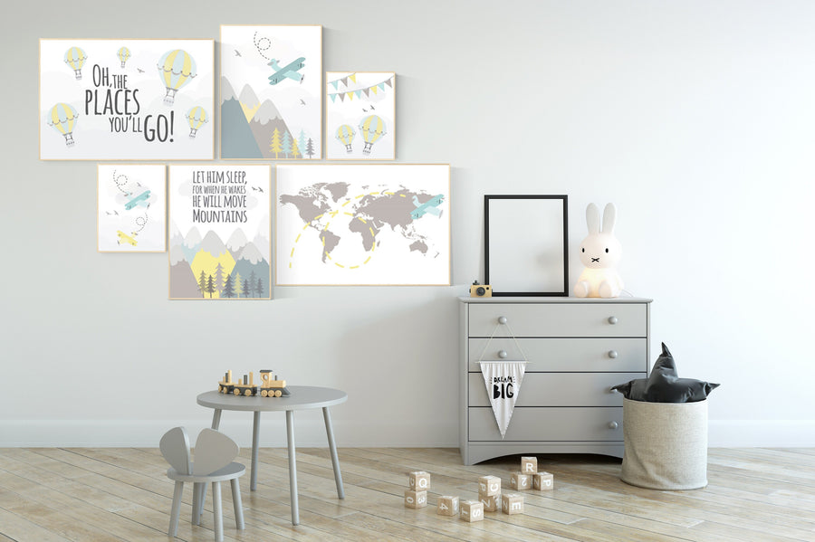 Nursery decor boy mountains adventure, let him sleep for when he wakes he will move mountains, nursery decor boy airplane, world map nursery