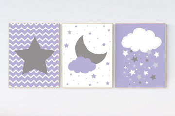 Lavender nursery decor, baby girl nursery, lavender gray nursery, cloud nursery, girls room decor, star nursery decor girl, Purple Gray