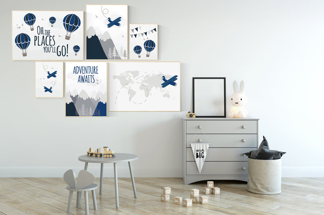 Nursery decor boy mountain, adventure nursery, adventure awaits, hot air balloon, world map, navy gray, grey, airplane, boys nursery ideas
