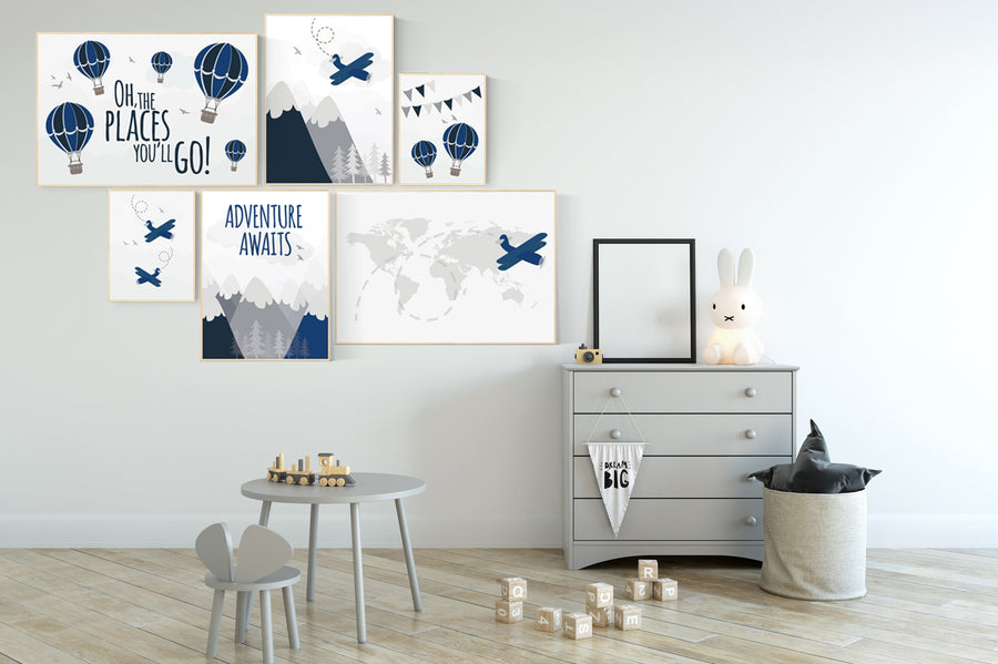 Nursery decor boy mountain, adventure nursery, adventure awaits, hot air balloon, world map, navy gray, grey, airplane, boys nursery ideas