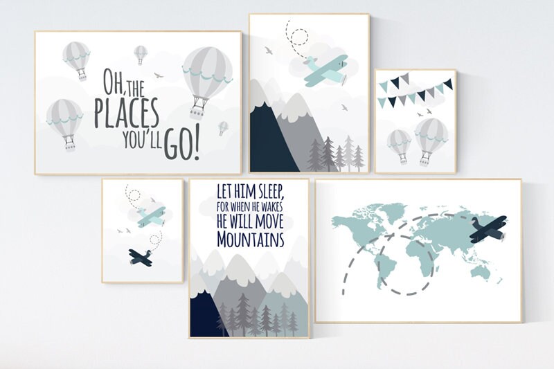 Nursery decor boy mountain, adventure nursery, navy nursery, airplane, world map, hot air balloon, Let him sleep, boy nursery ideas,