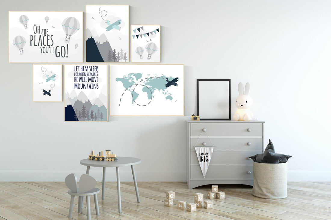 Nursery decor boy mountain, adventure nursery, navy nursery, airplane, world map, hot air balloon, Let him sleep, boy nursery ideas,