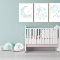 Moon and Stars Nursery Wall Art Set of 3 - Mint Green Cloud Print - Gender Neutral Baby Room Decor, Nursery prints, baby room art