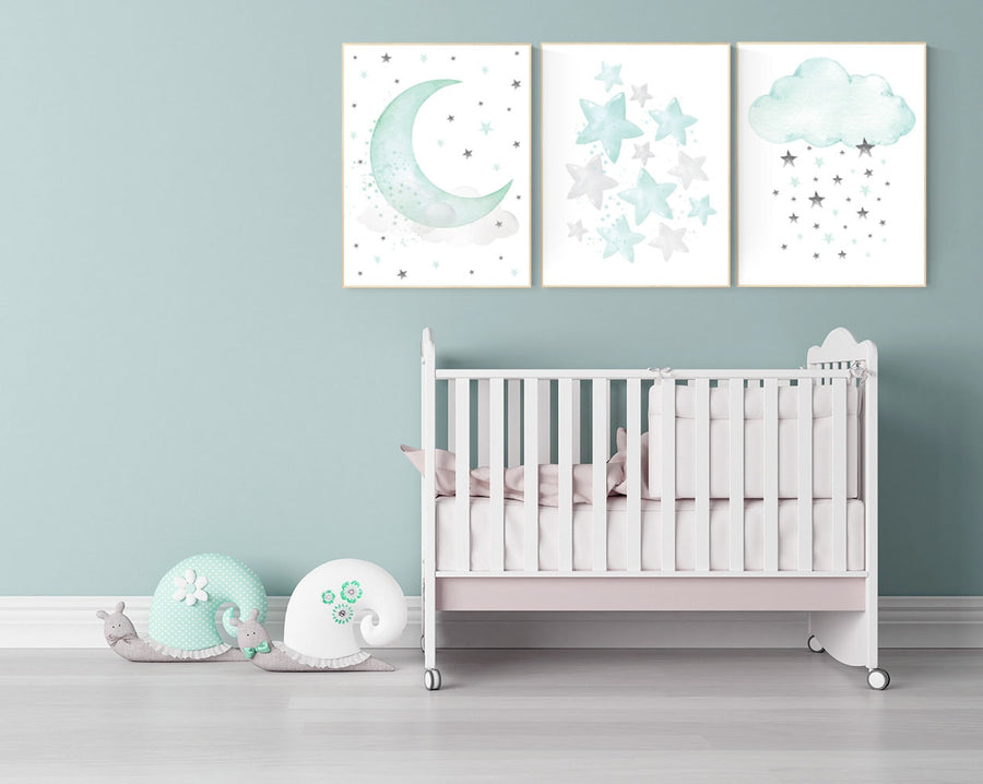 Moon and Stars Nursery Wall Art Set of 3 - Mint Green Cloud Print - Gender Neutral Baby Room Decor, Nursery prints, baby room art
