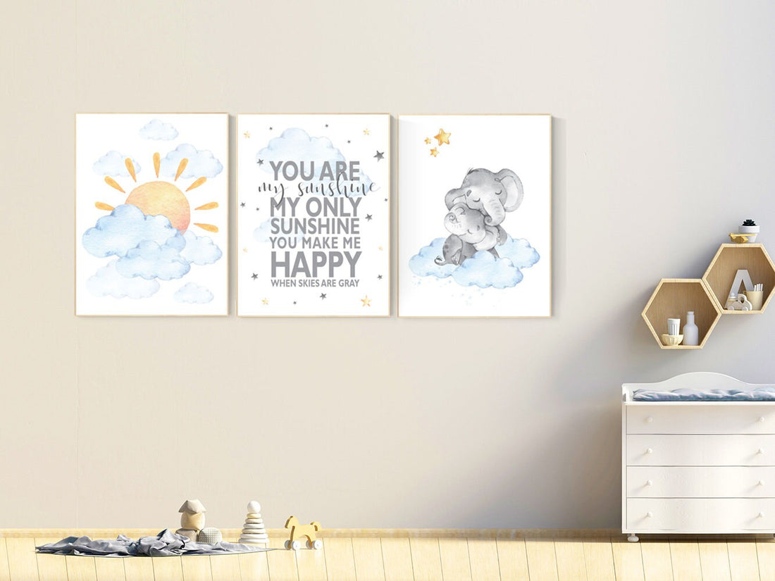 Nursery decor elephant, sunshine nursery, gender neutral nursery wall art, you are my sunshine, sun, cloud, baby room decor, blue yellow
