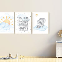Nursery decor elephant, sunshine nursery, gender neutral nursery wall art, you are my sunshine, sun, cloud, baby room decor, blue yellow