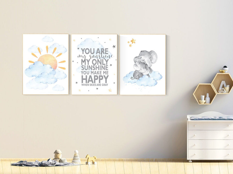 Nursery decor elephant, sunshine nursery, gender neutral nursery wall art, you are my sunshine, sun, cloud, baby room decor, blue yellow