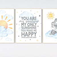 You are my sunshine, Nursery decor elephant, blue yellow, sunshine nursery, gender neutral nursery wall art, , sun, cloud, baby room decor