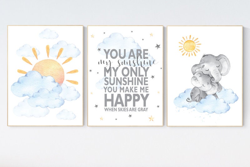 You are my sunshine, Nursery decor elephant, blue yellow, sunshine nursery, gender neutral nursery wall art, , sun, cloud, baby room decor