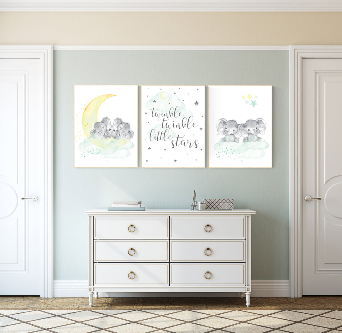 Twin nursery decor, mint yellow, elephant nursery print, moon and stars, twin babies, nursery wall decor, twinkle twinkle little stars