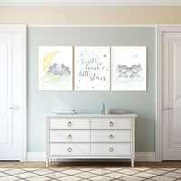 Twin nursery decor, mint yellow, elephant nursery print, moon and stars, twin babies, nursery wall decor, twinkle twinkle little stars