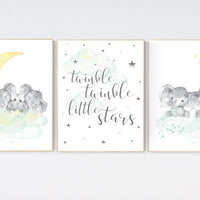 Twin nursery decor, mint yellow, elephant nursery print, moon and stars, twin babies, nursery wall decor, twinkle twinkle little stars