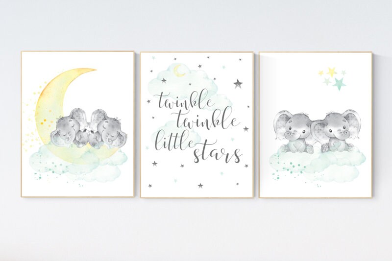 Twin nursery decor, mint yellow, elephant nursery print, moon and stars, twin babies, nursery wall decor, twinkle twinkle little stars