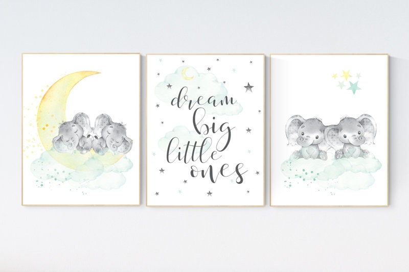 Elephant nursery art, twin nursery decor, elephant nursery print, twin nursery art, moon and stars, mint yellow nursery, twins baby gifts