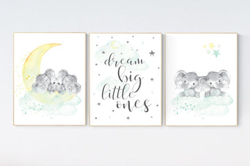 Elephant nursery art, twin nursery decor, elephant nursery print, twin nursery art, moon and stars, mint yellow nursery, twins baby gifts