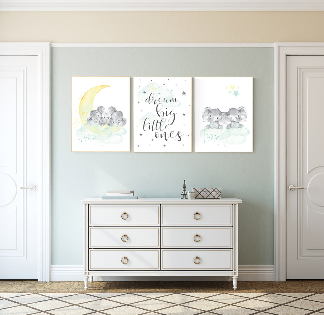 Elephant nursery art, twin nursery decor, elephant nursery print, twin nursery art, moon and stars, mint yellow nursery, twins baby gifts