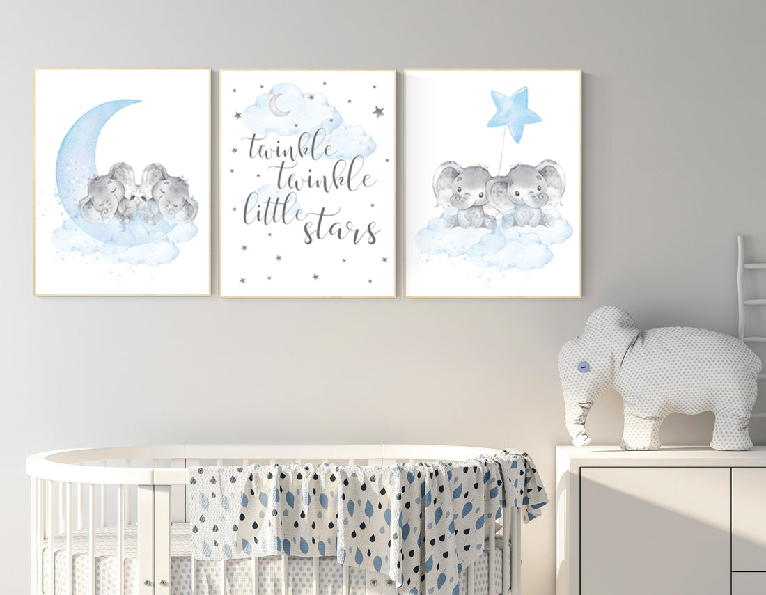 Elephant nursery art, twin nursery, elephant nursery print, blue and gray nursery, cloud and stars nursery, baby room decor boy