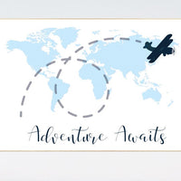 Nursery wall art map, adventure awaits, world map print, nursery decor boy mountains adventure, navy blue, plane nursery decor, blue nursery