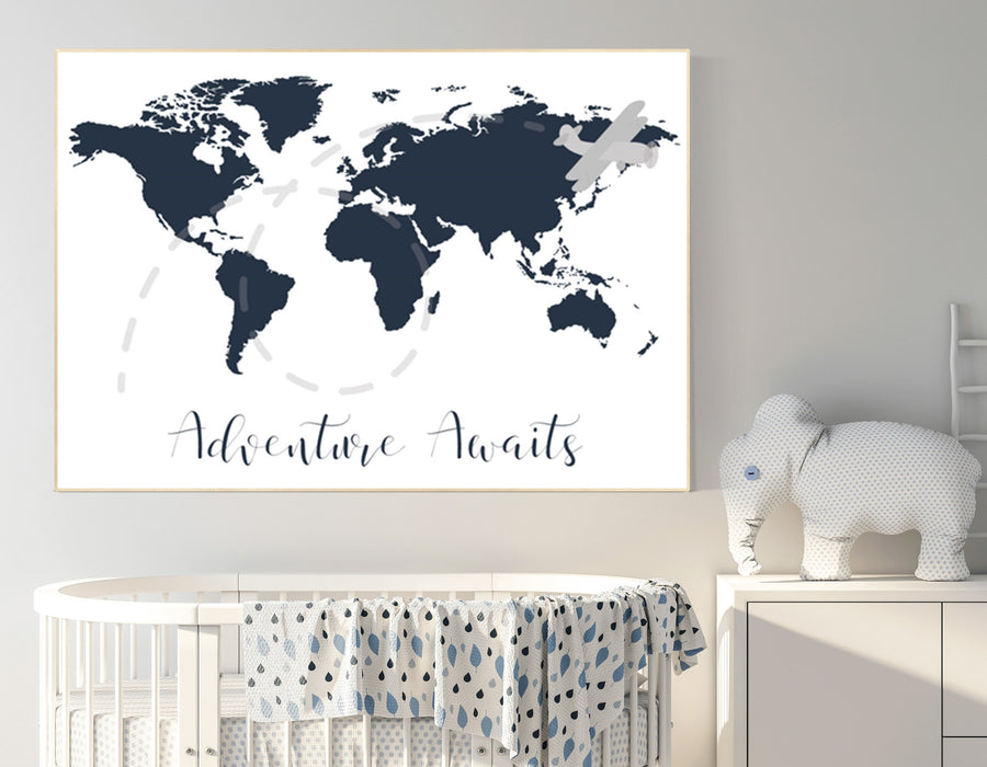 Nursery wall art map, adventure awaits, world map print, nursery decor boy mountains adventure, navy blue, plane nursery decor, navy gray