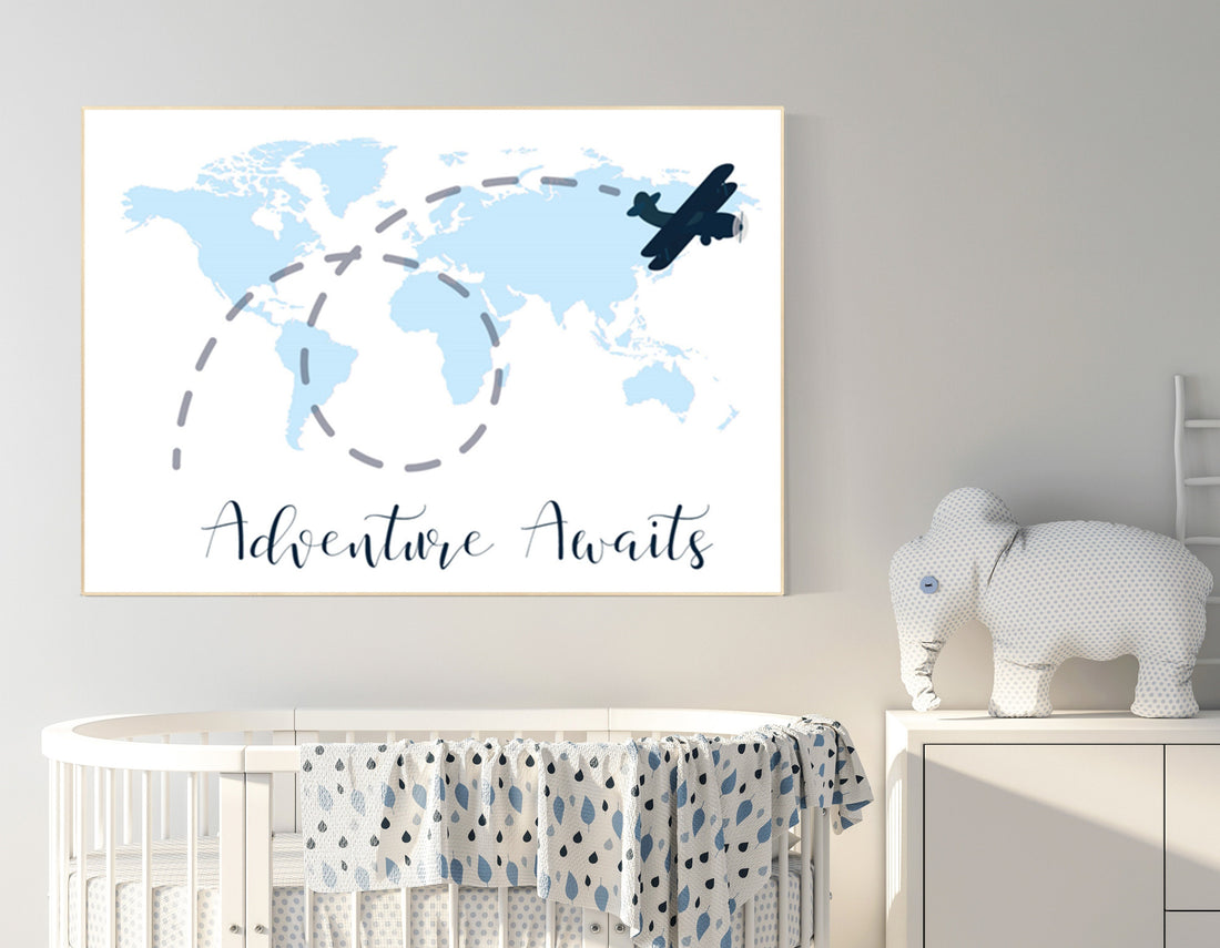 Nursery wall art map, adventure awaits, world map print, nursery decor boy mountains adventure, navy blue, plane nursery decor, blue nursery
