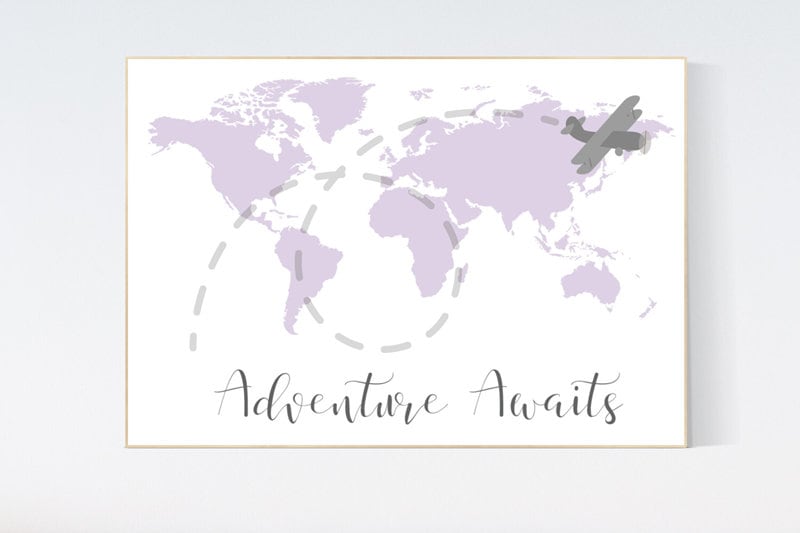 Nursery decor map, Lilac nursery decor, adventure awaits, travel nursery decor, world map nursery, purple nursery decor, baby girl