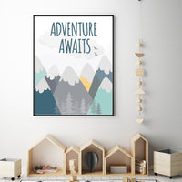 Nursery decor boy mountains adventure, nursery wall art woodland, adventure awaits nursery, nursery decor neutral, baby room decor mountains